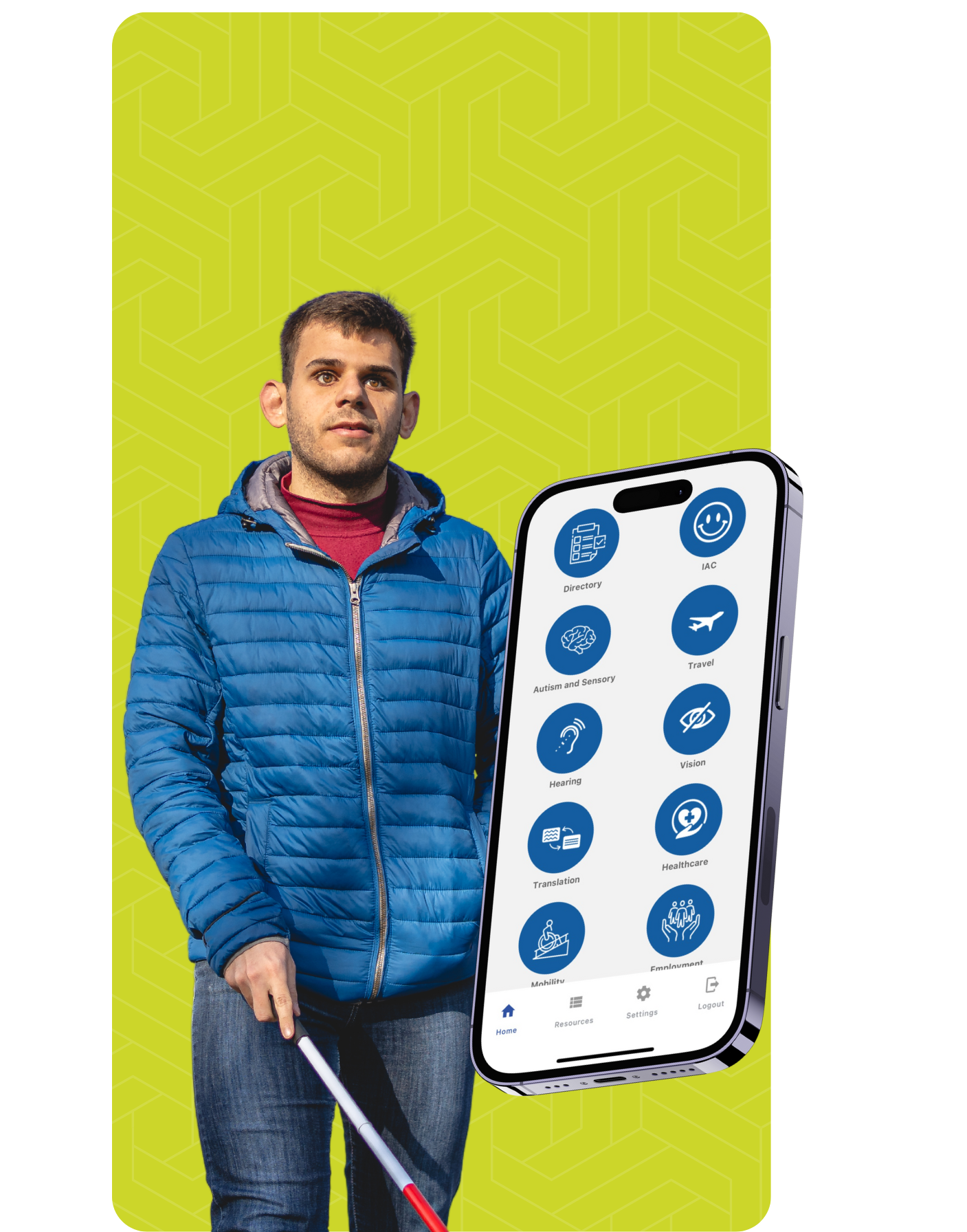 A photo of a blind man and a mockup of a phone showing the homescreen of the accessibility app